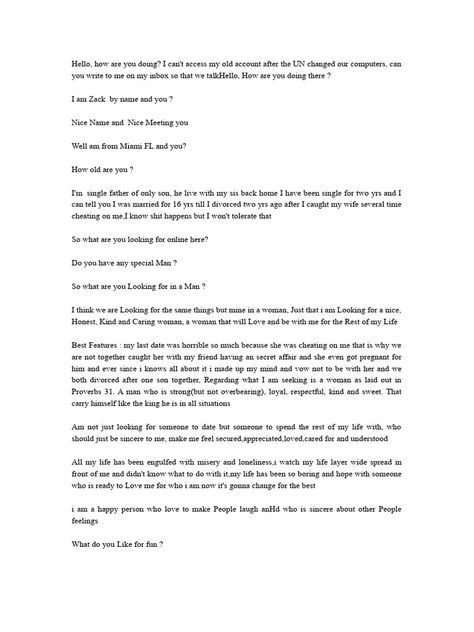 The document appears to be an online conversation between multiple individuals discussing personal details like location, occupation, interests and seeking a romantic partner. Several red flags are raised regarding inconsistencies in details provided and requests for money. Military Dating Format 2024, Female Military Format, Female Military Dating Format, Military Format For Dating, Military Dating Format, Military Dating, Female Military, Romantic Partner, Nice Meeting You