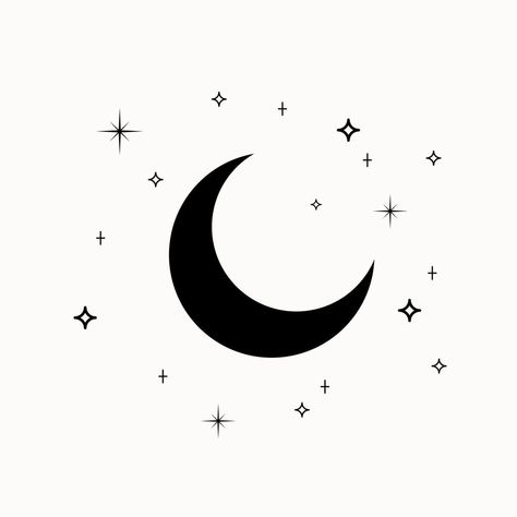 Moon And Stars Line Art, Line Art Tattoo Designs, Spirit Illustration, Crescent Moon With Stars, Black Crescent Moon, Moon With Stars, Line Art Tattoo, Star Cut Out, Star Silhouette