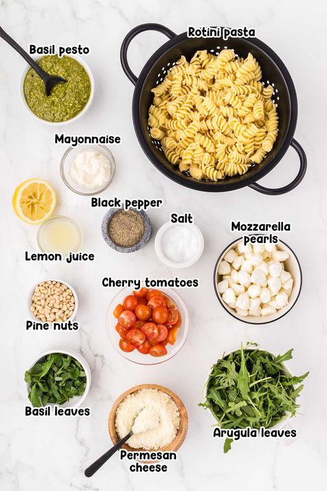 Pesto Pasta Salad ingredients. Easy Pesto Pasta Salad, Pesto Pasta Salad Recipes, Creamy Pesto Pasta Salad, Cold Pesto Pasta Salad, Creamy Pesto Dressing, Easy Pesto Pasta, Creamy Pesto Pasta, Creamy Pesto Sauce, Pesto Dressing