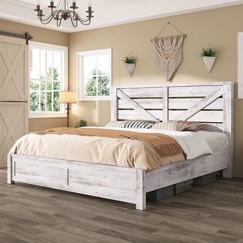 Amazon.com: AMERLIFE King Size Farmhouse Bed Frame with 49.2" Barn Door Headboard, Platform Bed Frame with Wood Slats, Under Bed Storage Space, Easy Assembly, Noisy Free, Distressed White : Home & Kitchen Barn Door Headboard, Farmhouse Bed Frame, Headboard Platform Bed, Farmhouse Style Bedding, Farmhouse Headboard, Door Headboard, Farmhouse Bed, Pallet Headboard, Classic Bed