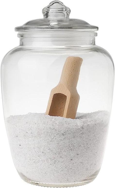 Amazon.com: Glass Bath Salt Jar with Wooden Scoop for Bath Salt, Bath Salt Container With Airtight Lid Holds 74 oz of Bath Salt Epsom Salt, Laundry, Flour Multi Use : Beauty & Personal Care Dream House Laundry Room, Bathroom Glass Jars, Bath Salt Container, Bath Salt Containers, Bath Salt Jars, Spa Bathroom Decor, Salt Storage, Salt Jar, Salt Container