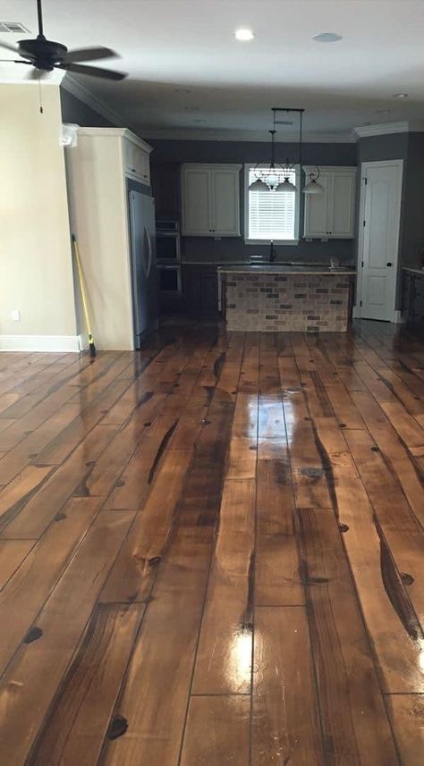 Faux Wood Concrete Floor, Indoor Cement Floor Ideas, Farmhouse Concrete Floors, Stained Concrete Floors In House, Concrete Floors Farmhouse, Concrete Flooring In House, Stained Concrete Floors Kitchen, Concrete Floor Colors, Stained Concrete Floors Farmhouse