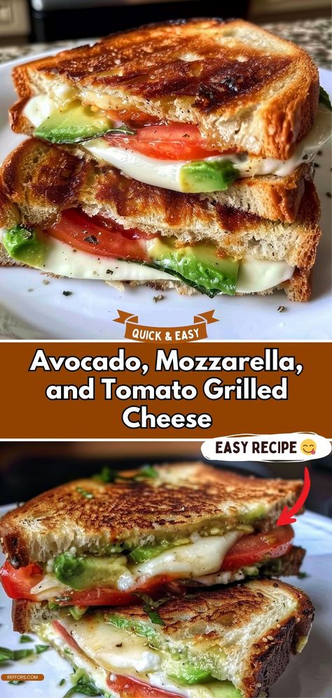 Upgrade your grilled cheese with creamy avocado, fresh mozzarella, and ripe tomatoes. This Avocado, Mozzarella, and Tomato Grilled Cheese is a delicious, gourmet twist on a classic favorite. #GrilledCheese #GourmetSandwich #EasyLunch Grilled Cheese Upgrades, Tomato And Avocado Sandwich, Former Grilled Cheese, Essen, Baguette, Avacodo Mozzarella Tomato Grilled Cheese, Grilled Cheese Mozzarella, Dinner With Mozzarella Cheese, Sun Dried Tomato Avocado Grilled Cheese