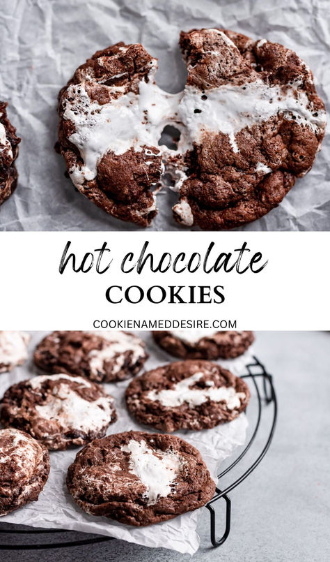 cookies on wire rack White Hot Chocolate Cookies, Cookies Made With Hot Chocolate Powder, Hit Chocolate Cookie, Christmas Cookies Hot Chocolate, Hot Chocolate Brownie Cookies, Chocolate And Marshmallow Cookies, Marshmallow Filled Cookies, Easy Hot Chocolate Cookies, Hot Cocoa Cake Recipe