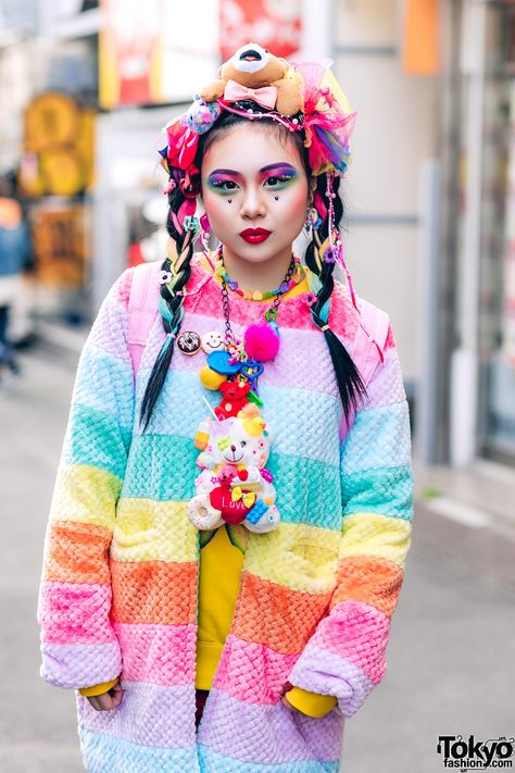 Kawaii, Kawaii Street Style, Decora Fashion Outfits, Kawaii Street Fashion, Rainbow Jacket, Decora Harajuku, Decora Fashion, Rainbow Backpack, Backpack Handmade