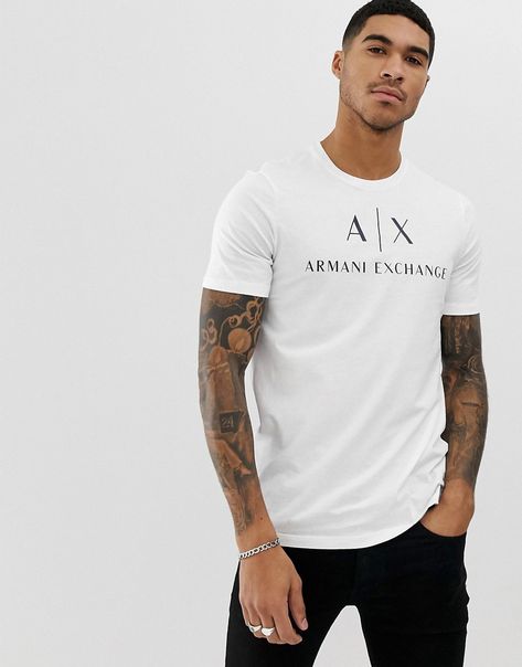 ARMANI EXCHANGE TEXT LOGO T-SHIRT IN WHITE - WHITE. #armaniexchange Armani Exchange Tshirt Men, Armani Exchange Logo, Exchange Logo, Pique Shirt, Armani Tshirt, Levis T Shirt, White Shirt Men, Leopard Print Shirt, Armani Exchange Men