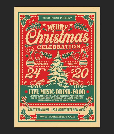 Christmas Poster Design, Christmas Flyer Template, Merry Christmas Poster, Christmas Graphic Design, Christmas Party Invitation Template, Holiday Fonts, Illustration Christmas, Christmas Illustrations, Christmas Flyer