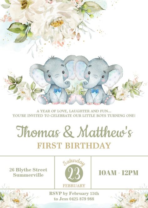 Greenery Elephant Twin Boys 1st Birthday Party Invitation Twin Boy And Girl Baby Shower, Twins Boy, Twins Baby Shower Invitations, Girl Birthday Party Invitations, Boho Baby Shower Invitations, 1st Birthday Party Invitations, Twins Baby, Woodland Baby Shower Invitations, Couples Shower Invitations