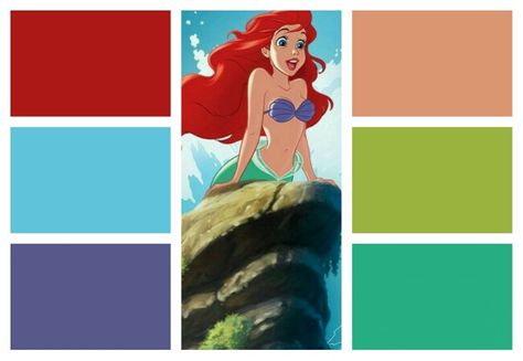 The little mermaid color palette Little Mermaid Color Palette, Mermaid Color Palette, Ariel Color, Time Meme, Ariel Doll, Disney Princess Colors, Mermaid Crafts, Mermaid Room, Disney Rooms