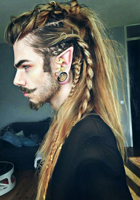 Elf Hair Men, Mens Fantasy Hair, Ancient Celtic Hairstyles, Viking Hair Beads Men, Male Elf Hairstyles, Long Viking Hair Men, Elven Hairstyles Male, Viking Braids Men Short, Dwarven Hairstyles