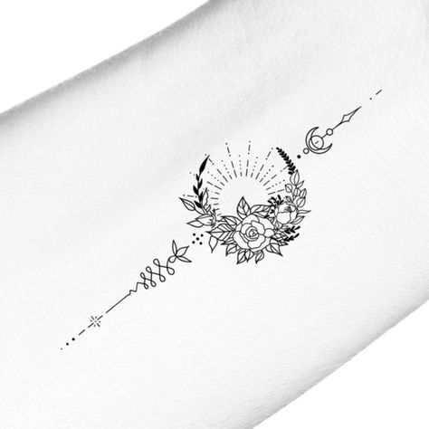 Tattoo Designs Spine For Women, Sun Floral Tattoo, Floral Sun And Moon Tattoo Matching, Lotus Flower Sun And Moon Tattoo, Sun Moon Flower Tattoo, Sun And Moon Line Tattoo, Unalome Tattoo Moon, Sun Moon Lotus Flower Tattoo, Sun And Moon Spine Tattoo