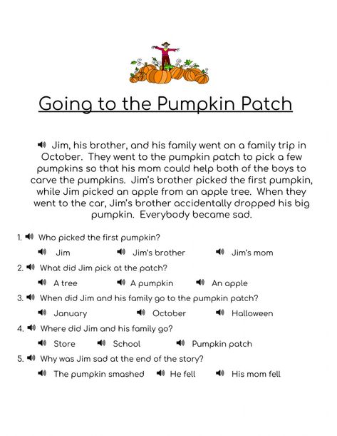 Pumpkin Patch Worksheets, Reading Preschool, Pumpkin Story, Fall Worksheets, Biggest Pumpkin, Halloween Worksheets, Story Retell, Homeschool Crafts, Listening Comprehension