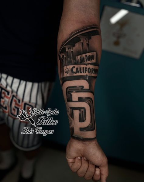 San Diego Themed Tattoo By: Luis www.wyldesydestattoo.com #tattoo #tattoos #sandiego #sandiegotattooartist #blackandgraytattoo #wyldesydestattoo San Diego Tattoo Ideas, San Diego Tattoo, Forearm Sleeve, Forearm Sleeve Tattoos, Theme Tattoo, Tat Ideas, San Diego Padres, San Diego California, Good Healthy Recipes