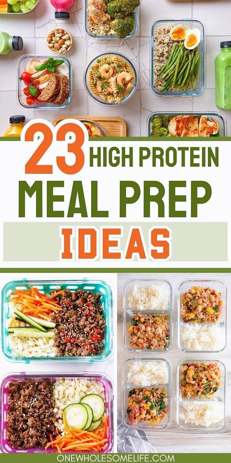 Collage of high protein meal preps. Essen, High Protein Meal Prep Ideas, Protein Meal Prep Ideas, Easy Lunch Prep, Breakfast Lunch And Dinner Ideas, Lunch And Dinner Ideas, High Protein Meal Plan, Easy Meal Prep Lunches, Easy High Protein Meals