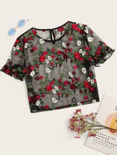 Cuff Embroidery, Diy Vetement, Trendy Fashion Tops, Crop Top Outfits, Girls Fashion Clothes, Sheer Top, Teen Fashion Outfits, Sheer Fabrics, Plus Size T Shirts