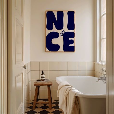 Nice Bum Art Print | Funny Bathroom Wall Decor | Neutral Dark Blue Bathroom Print | Restroom Decor, Bedroom wall art 💗DIGITAL DOWNLOAD ONLY | Instantly download and print our digital wall art for a quick and affordable way to decorate your space. Our art prints also make excellent gifts, or you can use them as cute and unique wallpapers for your phone! Once purchased, your files will be instantly downloadable via your 'purchases' tab, or through a link sent directly to your email.  💗SIZING INF Bathroom With Artwork, Arty Bathroom Ideas, Navy Blue Bathroom Inspiration, Post Modern Bathroom Decor, Sports Theme Bathroom, Maximalist Interior Design Bathroom, Guest Bathroom Ideas Colorful, Retro Bathrooms Decor, Artsy Bathroom Decor