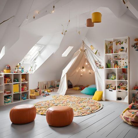 Cozy corner for reading and relaxing in this playroom! This playroom has it all: space for imaginative play, comfy spots for reading, and plenty of storage. What are your playroom must-haves? Let me know in the comments! #playroom #relaxingvibes #kidsdesign Playroom Attic Ideas, Low Ceiling Playroom Ideas, Kids Play Corner In Living Room, Corner For Reading, Upstairs Playroom, Kids Play Corner, Boys Room Colors, Baby Aesthetic, Play Corner