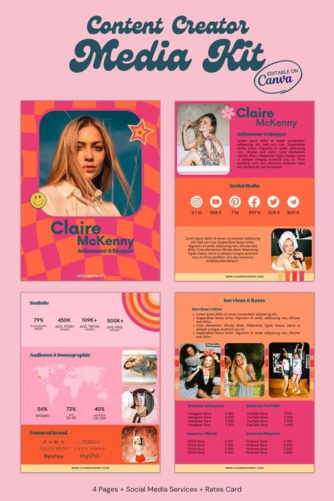 Media Kit for Instagram TikTok YouTube Influencer | 4 Pages | Media Kit | Press Kit Press Kit Design, Media Kit Design, Youtube Influencer, Typography Design Font, Graphic Shapes Design, Social Media Kit, Graphic Design Tutorials Learning, Logo Creator, Create Logo