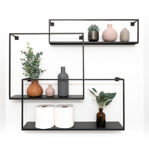 Matte Black CB2 Floating Shelves - Powder Room Modern Shelf Decor - Iron Industrial - Wall Shelves - Geometric - Unique - Wall Decor - Vase - Bathroom Decor Cb2 Shelves, Attic Toilet, Powder Room Modern, Modern Shelf Decor, Industrial Wall Shelves, Modern Floating Shelves, Black Floating Shelves, Bathroom Shelf Decor, Floating Shelves Bathroom