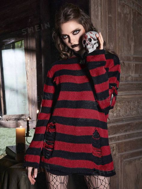 That striped distressed sweater pullover from ROMWE sounds like a stylish choice! The gothic vibes must be on point with the striped design and distressed details. Perfect for a cool and edgy look! 🖤✨ Goth Sweater, Distressed Sweater Dress, Striped Sweater Outfit, Punk Style Outfits, Ripped Sweater, Goth Shirt, Distressed Sweater, Pull Oversize, Y2k Sweater