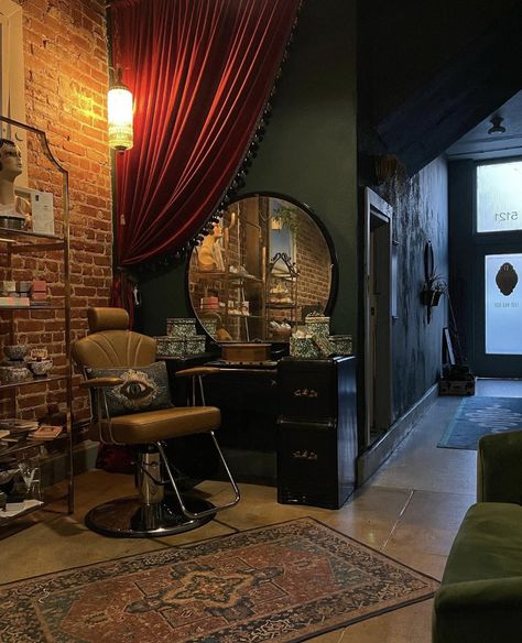 Hair Stylist Salon Decor, Dark Boho Salon Suite, Dark Green Salon Ideas, Vintage Salon Living Room, Dark Moody Salon, Moody Beauty Room, Dark Hair Salon Interior, Dark And Moody Hair Salon, Goth Hair Salon Decor