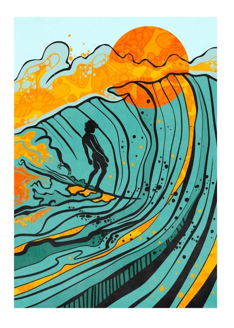 Stile Punk Rock, Surf Drawing, Retro Surf Art, Very Much Alive, Surf Art Print, Wave Drawing, Surf Painting, Tropical Illustration, Feels Like Summer