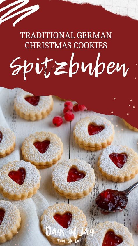 One of the most beautiful traditional German Christmas cookies recipes is Spitzbuben. Also known as Linzer Augen or Linzer Cookies, the delicious combination of buttery short pastry and tangy redcurrant jelly is a Christmas classic. German Linzer Cookies, Christmas Cookies Linzer, Jelly Christmas Cookies, Beautiful Pastries Recipes, German Sweets Recipes, German Linzer Cookies Recipe, German Biscuits Recipes, German Christmas Baking, Christmas Cookies German