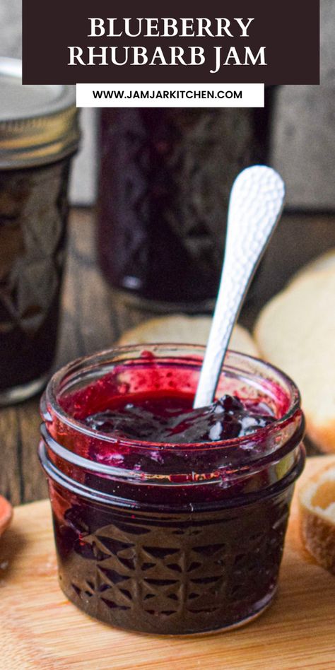 4 oz mason jar filled with blueberry rhubarb jam Rhubarb Berry Jam, Blueberry Rhubarb Jam With Pectin, Amish Rhubarb Jam, Canned Rhubarb Recipes, Blueberry Rhubarb Recipes, Unique Jams And Jelly Recipes, Rhubarb Jam With Pectin, Rhubarb Jam With Jello, Rhubarb Jam Recipes Canning