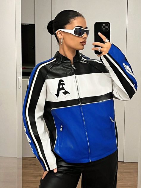 Y2k Oversized Casual Sporty Contrast Tape PU Biker Jacket For Women Fall Outfits Blue and White Casual  Long Sleeve Woven Fabric Colorblock,Letter,Striped Other Slight Stretch  Women Clothing, size features are:Bust: ,Length: ,Sleeve Length: Women Fall Outfits, Oversize Casual, Casual Sporty, Jacket For Women, Fall Outfits Women, White Casual, Biker Jacket, Woven Fabric, Color Blocking