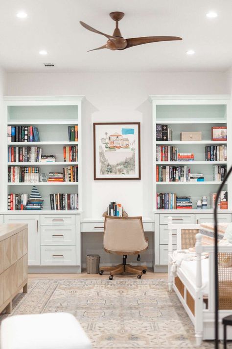 Desk And Dresser, Light Wood Desk, Built In Desk And Shelves, Dream Home Library, Craft Room Desk, Kids Loft Beds, Desk Areas, Large Shelves, Desk Ideas