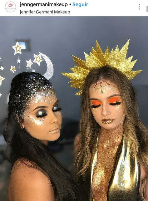 Sungoddess Costume, Night And Day Halloween Costume, Sun And Stars Costume, Sun And Moon Goddess Costume, Moon And Stars Halloween Costume, Sun Halloween Costume Women, Moon Costume Makeup, Sun And Moon Makeup Look, Celestial Halloween Costume