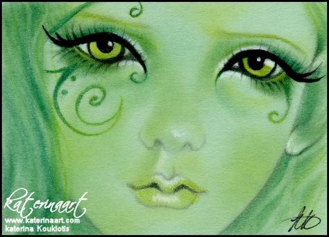 The Green Fairy ACEO by Katerina Koukiotis | ArtWanted.com The Green Fairy, Fairy Halloween Costumes, Green Fairy, Big Eyes Art, Halloween Makeup Inspiration, Fairy Makeup, Fairy Costume, Fantasy Makeup, Fairy Art