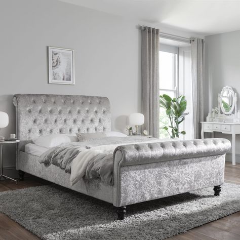 Grey crushed velvet bed Crushed Velvet Double Bed, Fabric Sleigh Bed, Crushed Velvet Bed, Sleigh Bed Frame, Velvet Bedroom, Upholstered Sleigh Bed, Laura James, Bed Frame Design, Head Board