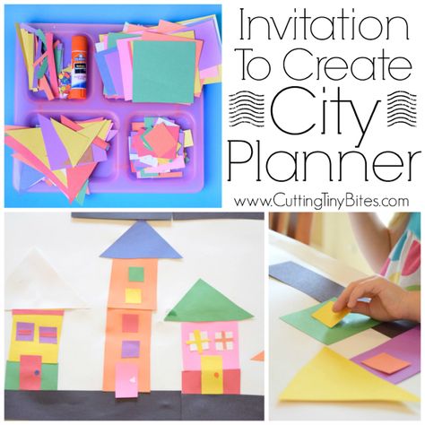 Invitation To Create: City Planner. Open ended creative construction or building paper craft for kids. Great for fine motor development. Perfect for preschoolers, kindergartners, and elementary students, and allows exploration of shapes and colors. Building Paper Craft, Invitation Creative, Invitation To Create, Fine Motor Development, Paper Craft For Kids, Motor Development, Paper Invitation, City Planner, Craft Planner