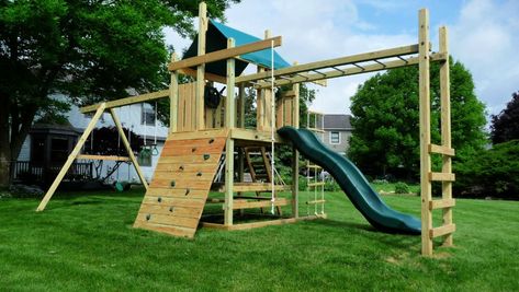 28 Simple DIY Swing Set Plans To Build One for Your Kids Diy Playground, Wooden Playset, Rock Climbing Wall, Gifts For Football Fans, The Two Towers, Wooden Staircases, Monkey Bars, Climbing Frame, Play Structure