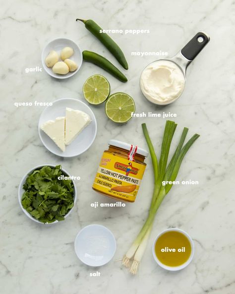 Aji Verde (Peruvian Green Sauce) Recipe - A Cozy Kitchen Aji Verde Sauce, Peru Green Sauce, El Pollo Inka Green Sauce, Peruvian Green Sauce, Green Spaghetti Peruvian, Peruvian Green Sauce Recipe, Aji Sauce Peruvian, Peruvian Chicken Sauce Yellow, Aji Peruvian Green Sauce