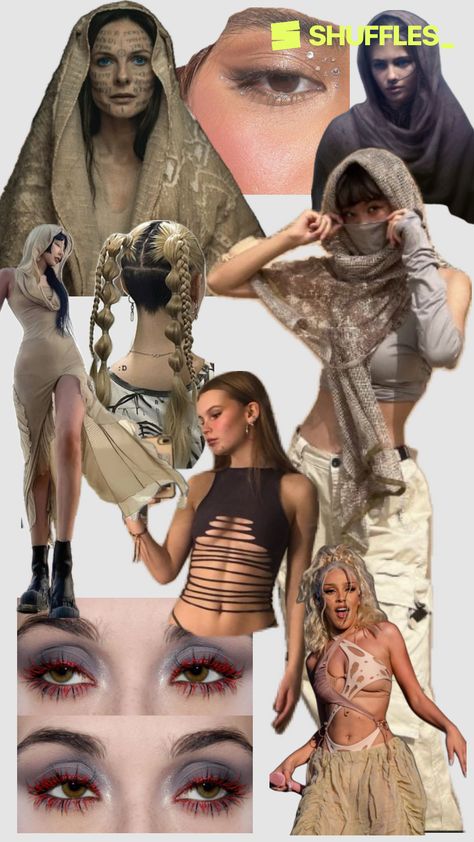 Created by kellimorgang on Shuffles Dune Inspired Outfit Rave, Dune Festival Outfit, Dune Rave Outfit, Dune Inspired Outfit, Asian Rave Outfit, Cyberpunk Fits, Lost Lands Festival Outfit, Dune Outfit, Lost Lands Outfit