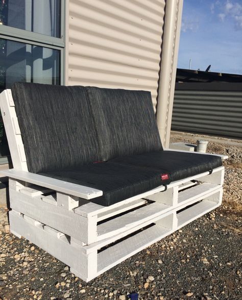 Outdoor chairs White pallets  Charcoal cushions Pallet Chairs Indoor, Charcoal Cushions, Pallet Furniture Designs, Pallet Chair, Indoor Chairs, Furniture Designs, Diy Pallet, Diy Pallet Furniture, Pallet Table