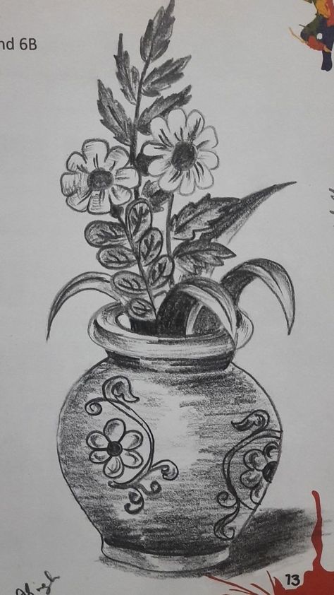 Flower Vase Drawing, Cute Easy Paintings, Shading Drawing, Space Drawings, Pencil Shading, Flower Art Drawing, Art Drawings Sketches Pencil, Flower Sketches, Pencil Art Drawings