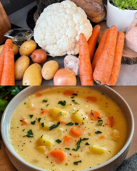 This hearty and creamy soup combines potatoes, cauliflower, and carrots for a nutritious and flavorful dish. It's perfect for a cozy meal, offering a velvety texture and a blend of earthy and slightly sweet flavors. Preparation Time: 15 minutes Cooking Time: 30 minutes Total Time: 45 minutes Servings: 4-6 servings Ingredients: 3 medium potatoes, peeled and diced 1 small cauliflower head, cut into florets 2 carrots, peeled and sliced 1 medium onion, chopped 3 garlic cloves, minced 4 cups (1 liter Soup Carrots Potatoes, Cauliflower Potato Cheese Soup, Cauliflower And Carrot Soup, Ww Cauliflower Soup, Carrot Cauliflower Soup, Cauliflower And Carrot Recipes, Cauliflower Carrot Soup, Cauliflower Sweet Potato Soup, Potato And Cauliflower Soup