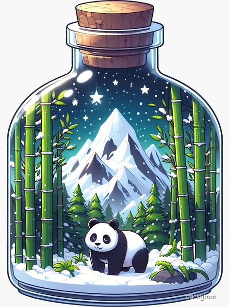 "Panda in a Bottle" Sticker for Sale by stickyfoot | Redbubble Bottles Drawing, Panda Stickers, Bottle Drawing, Disney Drawings Sketches, How To Make Stickers, Lego Art, Bottle Sticker, Christmas Drawing, Disney Drawings