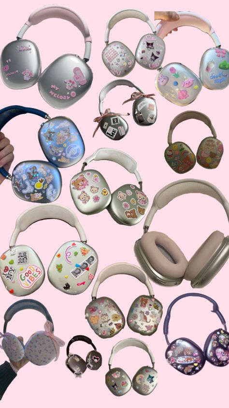 AirPod Max inspo Airpod Max Custom, Silver Apple Headphones Aesthetic, Apple Pro Max Headphones Aesthetic, Decorated Apple Headphones, Headphone Sticker Ideas, Air Pod Max Accessories, Airpods Max Decoration, Airpod Outfits, Apple Airpod Max Aesthetic