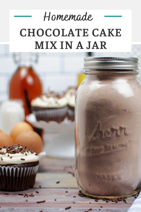 Next time you want a chocolate cake, instead of reaching for a box grab a homemade chocolate cake mix. You can whip up several in just a few minutes and there are no preservatives. Taking it from the jar to cake batter just takes a couple of standard ingredients and almost no effort. Cake Mix In A Jar Recipe, Cake Mix In A Jar, Homemade Chocolate Cake Mix, Homemade Cake Mixes, Baking Mix Recipes, Vegan Mug Cakes, Mix In A Jar, Homemade Dry Mixes, Chocolate Mug Cake