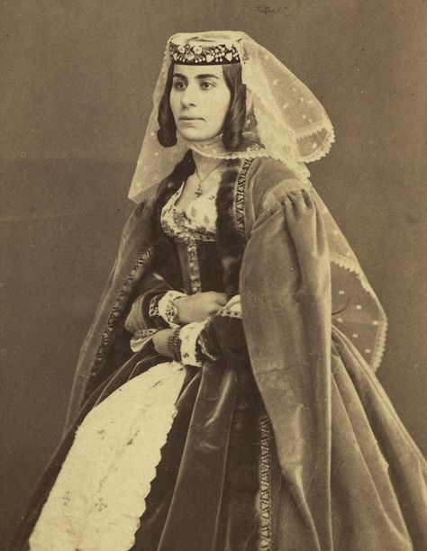 Georgia, 1880s. Georgia Clothes, 16 Century Fashion, Georgian Clothing, Georgian Women, Dress Cards, Traditional Bride, Female Soldier, Ethnic Dress, Traditional Dress