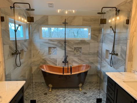 Copper Tub Shower Combo, Cooper Tub Bathroom, Copper Bathtubs Master Bath, Bathtub In The Shower Area, Copper Tub Bathroom Ideas, Cooper Bathtub, Cooper Tub, Copper Tub Bathroom, Copper Soaker Tub