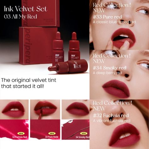 Red Lipstick Collection, Peripera Ink Velvet Swatch, Lip Tint Colors, Red Lip Tint, Peripera Ink Velvet, Korean Beauty Makeup, Ink Velvet, Velvet Lip Tint, Makeup 2024