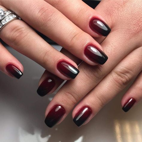 Red Black Tip Nails, Black And Garnet Nails, Short Nails Acrylic Dark Colors, Dark Red Nails Design Classy, Dark Red And Black Nails Short, Moody Nails Grunge, Deep Red And Black Nails, Black To Red Nails, Burgandy Ombré Nails