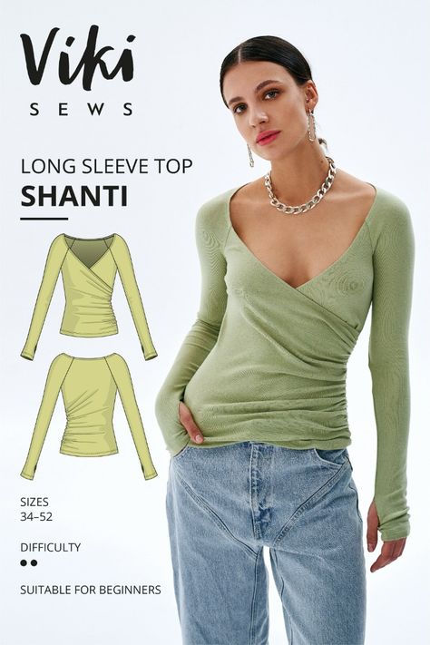 Create Your Style with the Exclusive Vikisews Shanti Long Sleeve Top Sewing Pattern! Long Sleeve Top Sewing Pattern, Long Sleeve Shirt Pattern, Sewing Tops, Shirt Sewing Pattern, Top Sewing, Shirts And Blouses, Top Sewing Pattern, Sleeves Pattern, Shirt Pattern