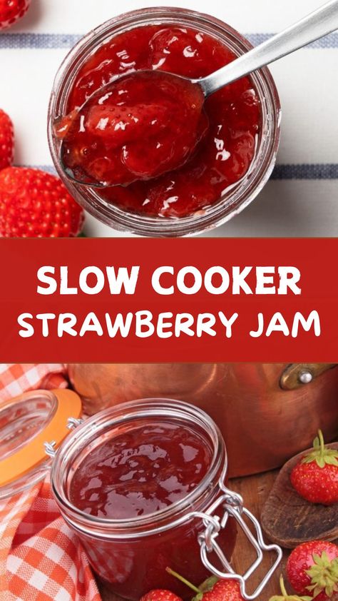 Slow Cooker Strawberry Jam Slow Cooker Jam Recipes, Crockpot Strawberry Jam, Slow Cooker Jam, Crock Pot Jam, How To Make Strawberry Jam, Strawberry Jam Recipe Canning, Crockpot Jam, Powdered Fruit, Rhubarb Freezer Jam