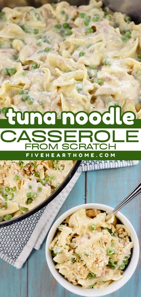 Looking for comfort food dinner ideas? Here's a baked casserole recipe! It's a winter dish using canned tuna and egg noodles. Complete with a creamy, cheesy from-scratch white sauce, this homemade tuna noodle casserole is the BEST! Tuna Noodle Casserole With Mayo, Tuna Noodle Casserole No Cheese, Cold Tuna Noodle Casserole, Creamy Tuna Casserole Recipes, Tuna Noodle Casserole From Scratch, Homemade Tuna Casserole, Tuna Dishes Canned, Tuna Noodle Casserole With Sour Cream, Tuna Noodle Casserole For 2